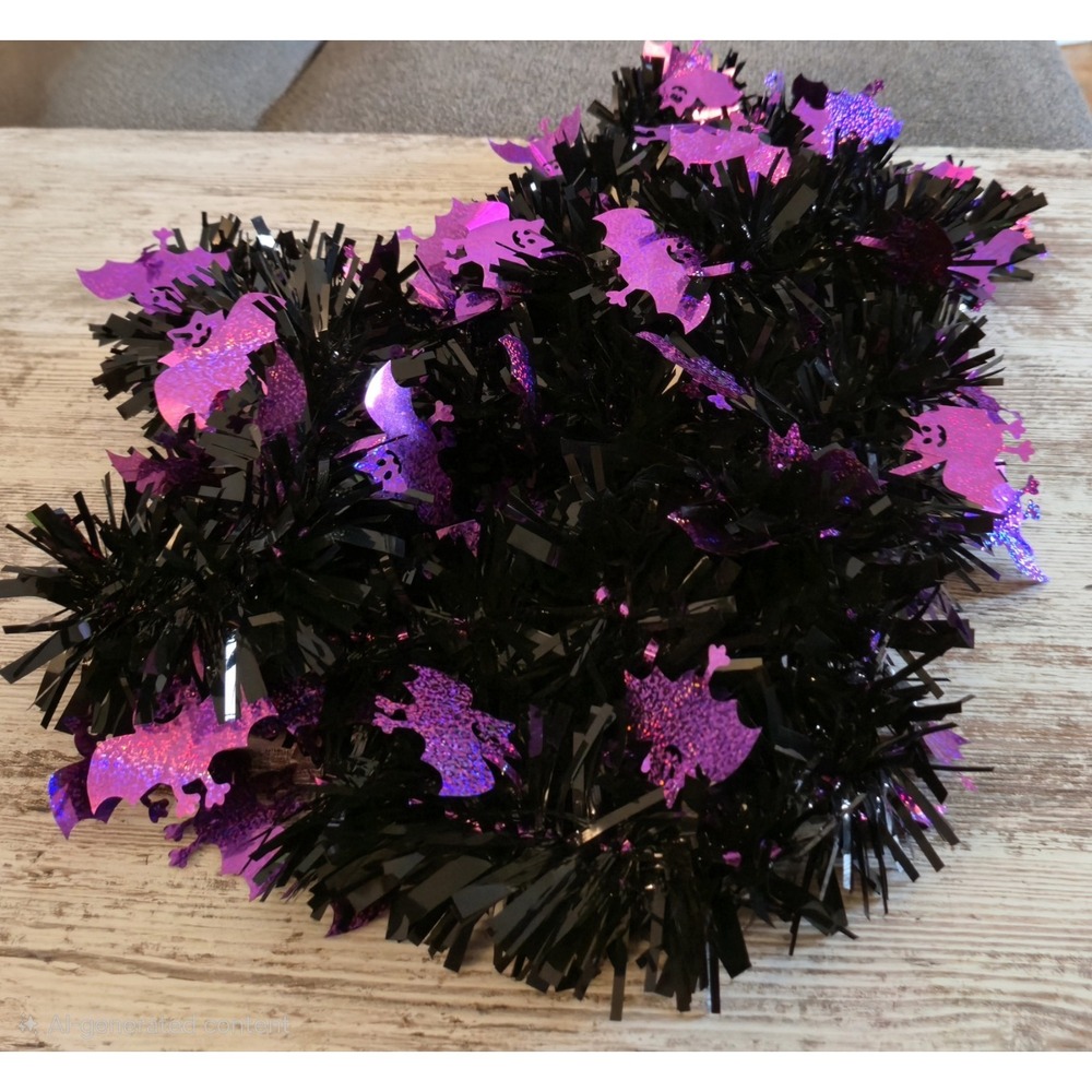 Ashland Halloween Tinsel Garland 12 FT Black with Holographic Purple Bats
